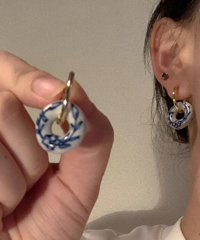 Vintage Gold Copper Overgild Ceramics Floral Hoop Earrings