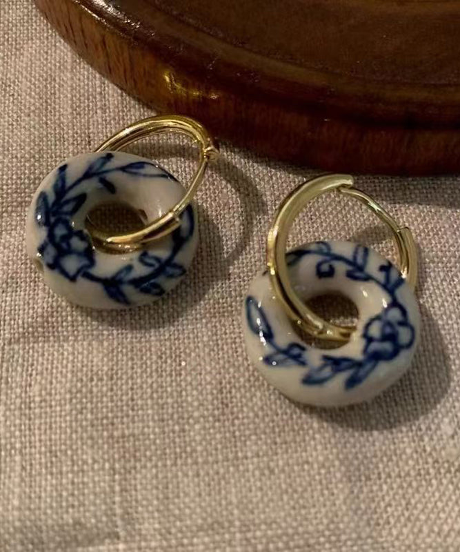Vintage Gold Copper Overgild Ceramics Floral Hoop Earrings