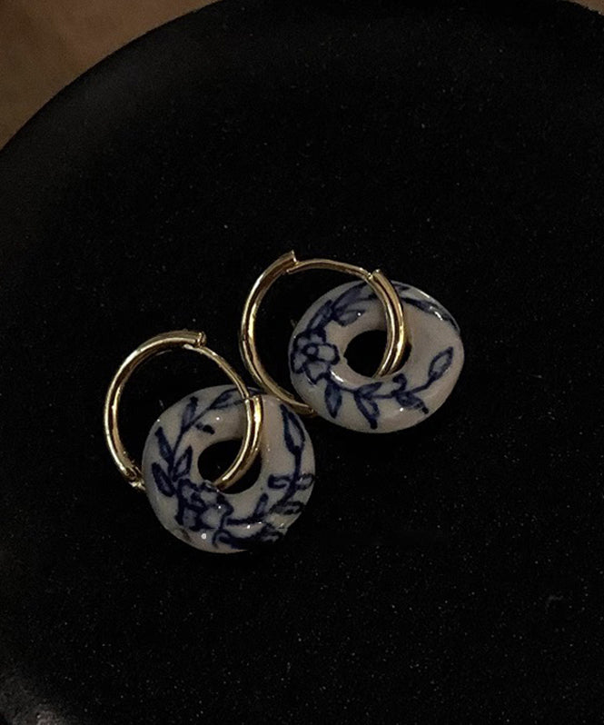 Vintage Gold Copper Overgild Ceramics Floral Hoop Earrings
