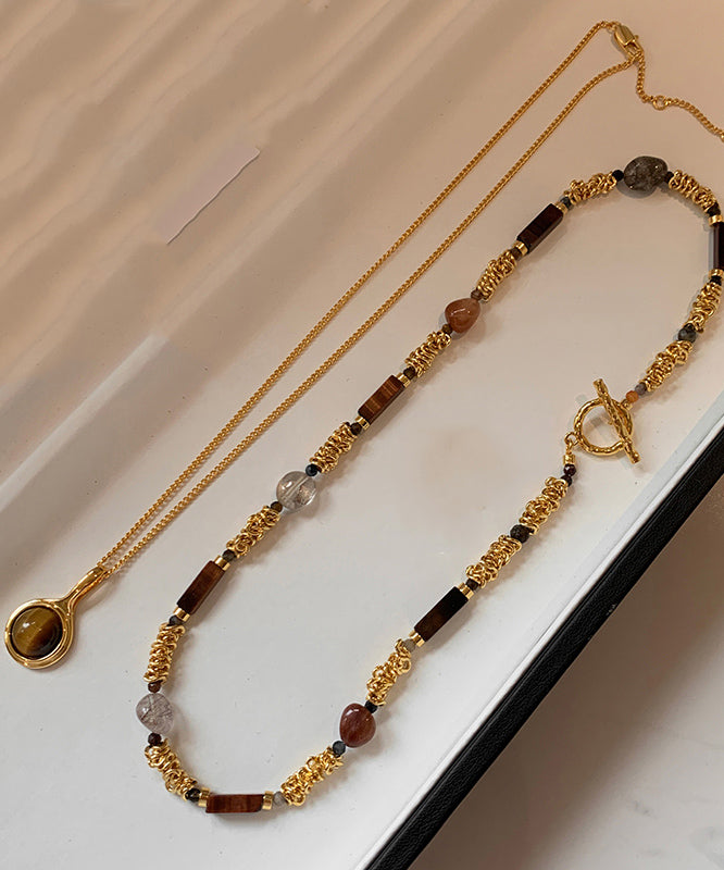 Vintage Gold Copper Overgild Tiger's-Eye Beads Two-Piece Set Pendant Necklace
