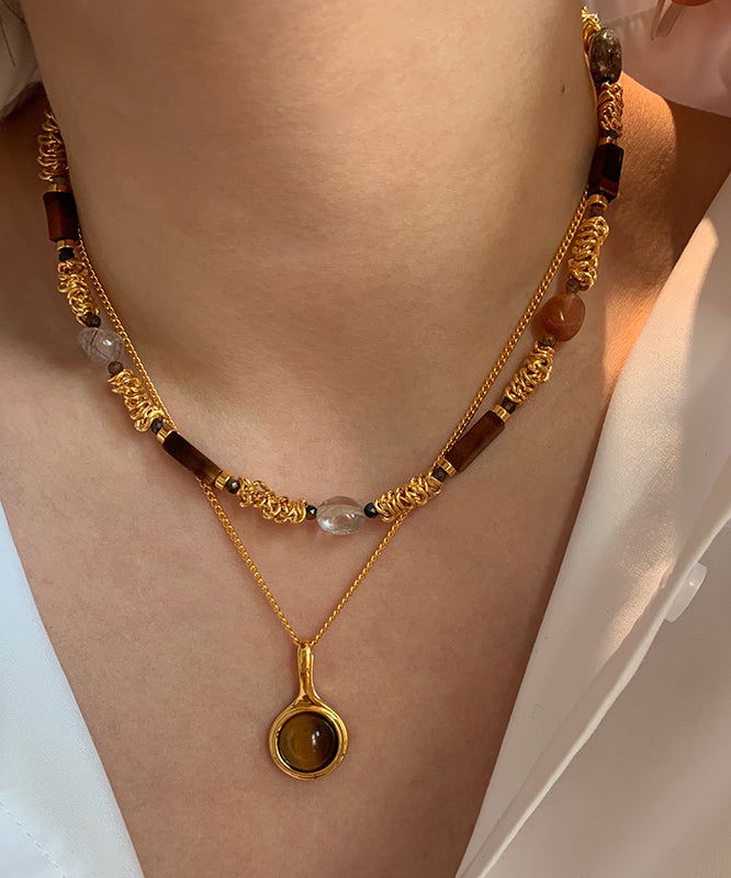 Vintage Gold Copper Overgild Tiger's-Eye Beads Two-Piece Set Pendant Necklace