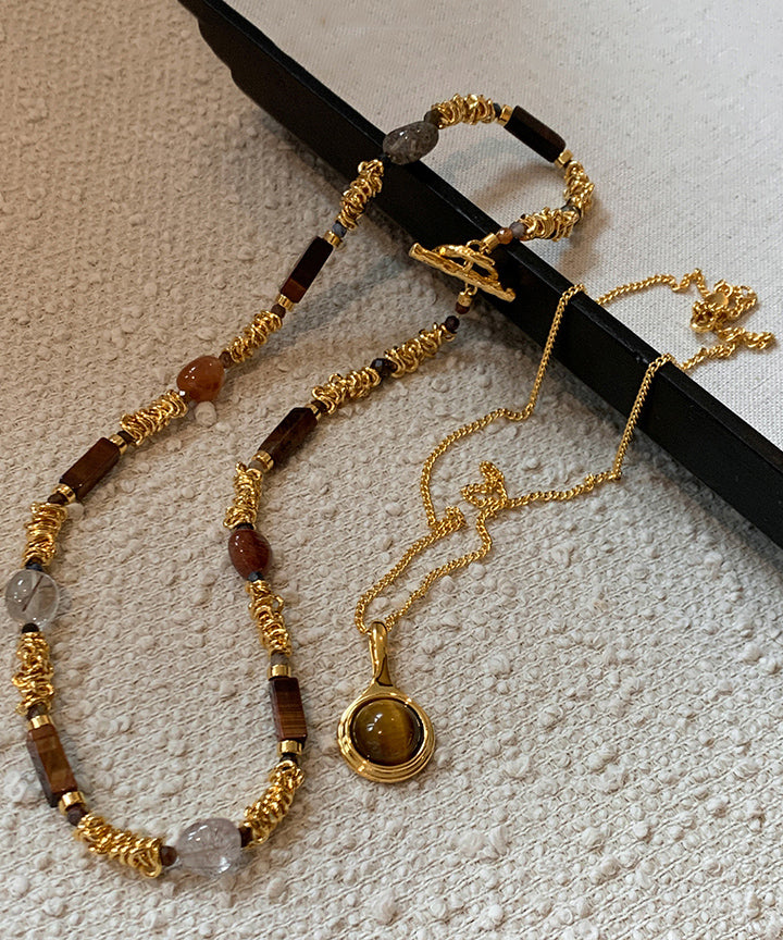 Vintage Gold Copper Overgild Tiger's-Eye Beads Two-Piece Set Pendant Necklace