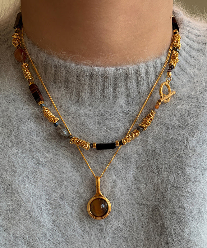 Vintage Gold Copper Overgild Tiger's-Eye Beads Two-Piece Set Pendant Necklace
