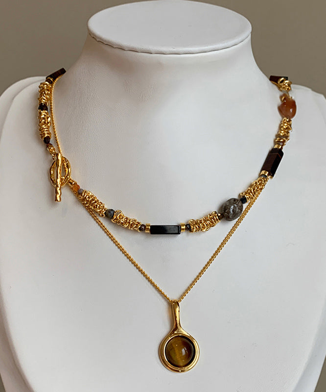 Vintage Gold Copper Overgild Tiger's-Eye Beads Two-Piece Set Pendant Necklace