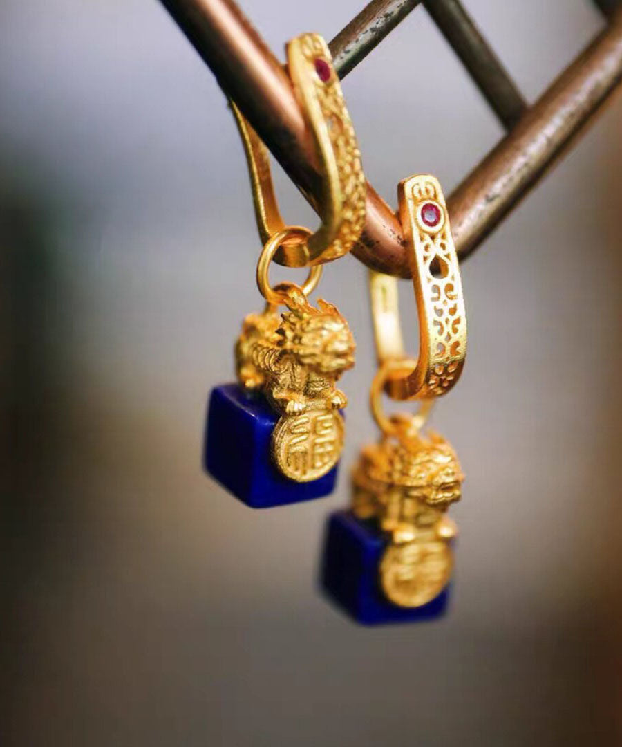 Vintage Gold Sterling Silver Overgild A Mythical Wild Animal Drop Earrings