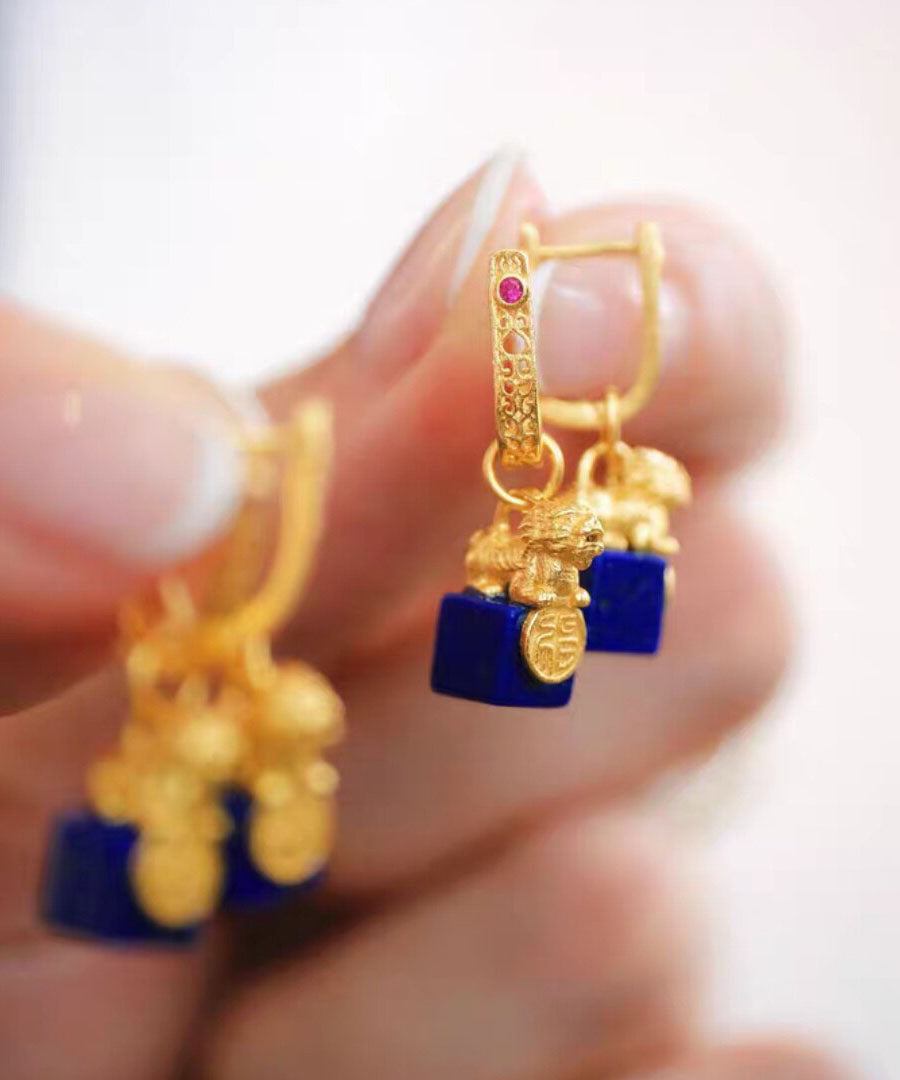 Vintage Gold Sterling Silver Overgild A Mythical Wild Animal Drop Earrings