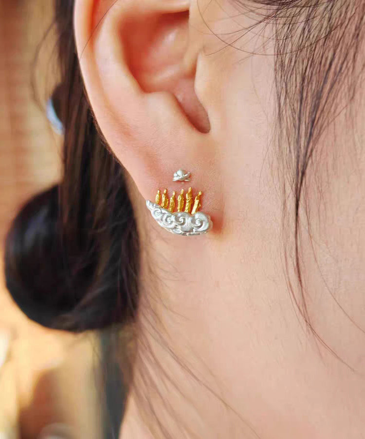 Vintage Gold Sterling Silver Overgild Auspicious Clouds Lotus Six Buddhas Stud Earrings - Omychic