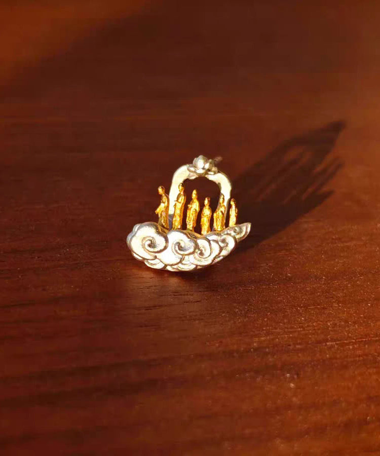 Vintage Gold Sterling Silver Overgild Auspicious Clouds Lotus Six Buddhas Stud Earrings - Omychic