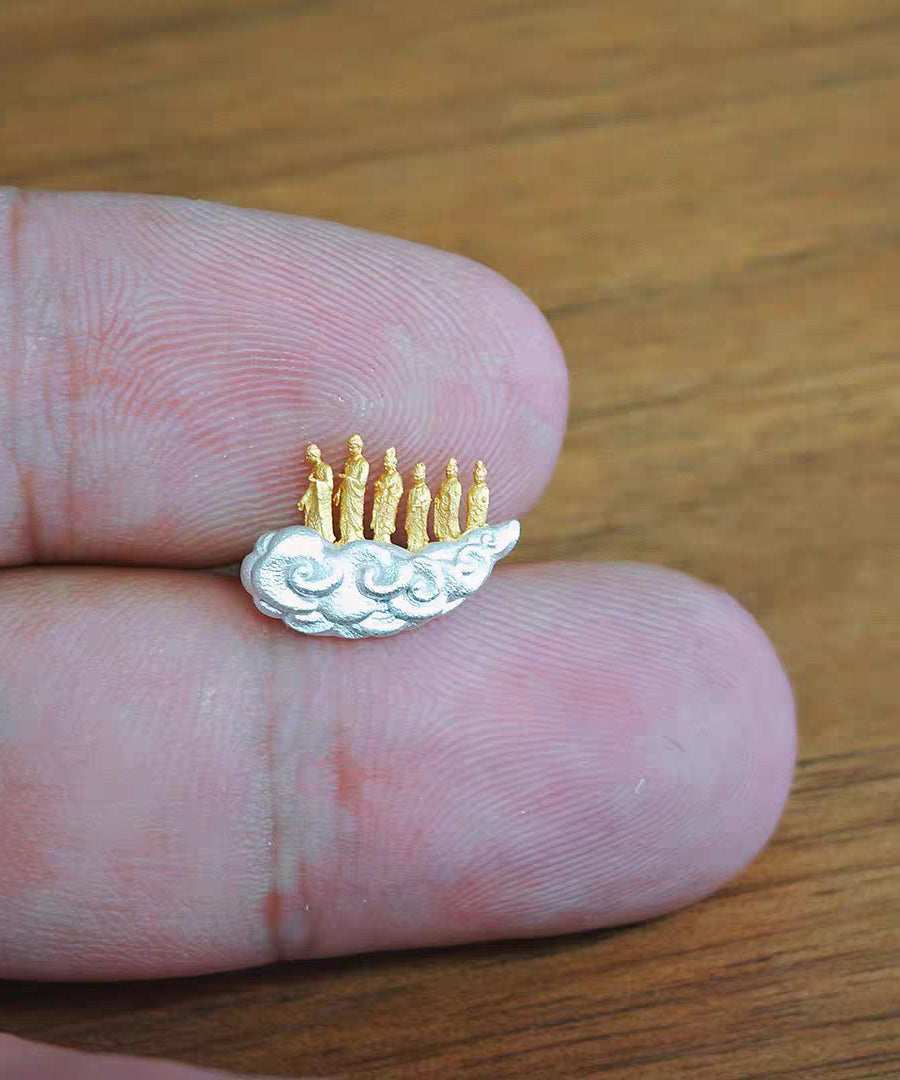 Vintage Gold Sterling Silver Overgild Auspicious Clouds Lotus Six Buddhas Stud Earrings - Omychic