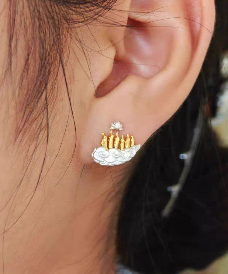Vintage Gold Sterling Silver Overgild Auspicious Clouds Lotus Six Buddhas Stud Earrings - Omychic