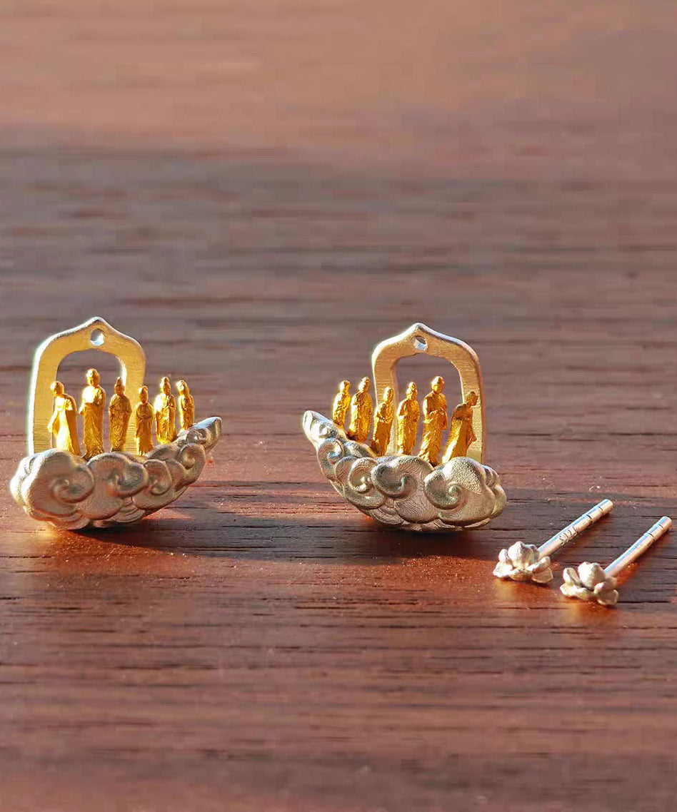 Vintage Gold Sterling Silver Overgild Auspicious Clouds Lotus Six Buddhas Stud Earrings - Omychic