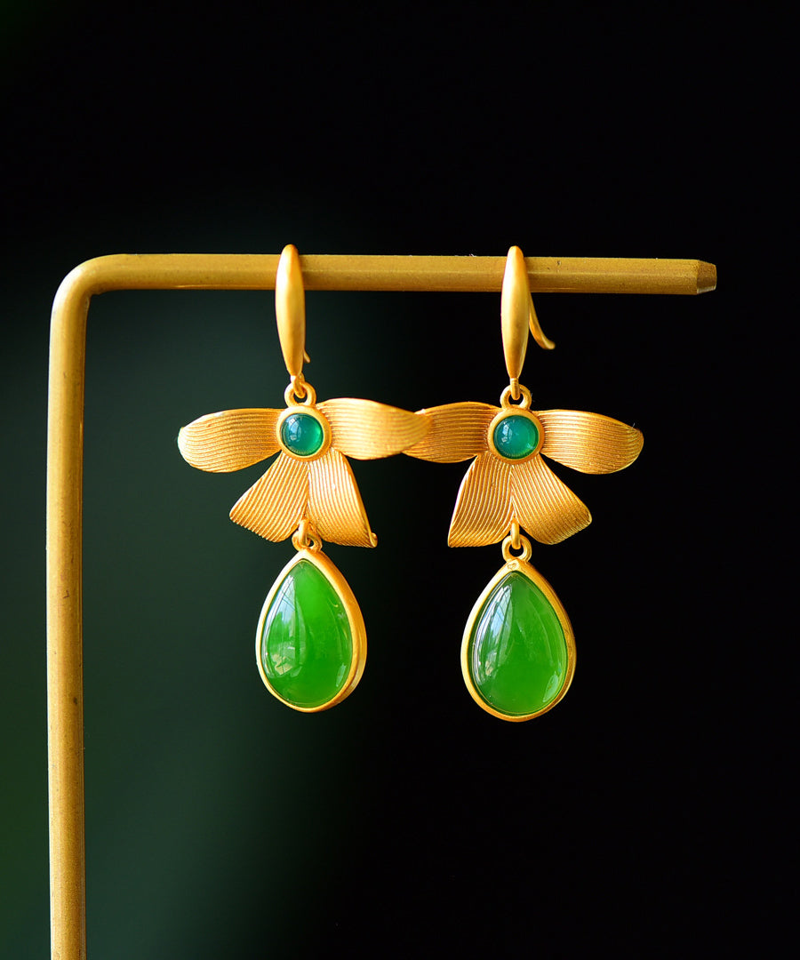 Vintage Gold Sterling Silver Overgild Inlaid Jade Drop Earrings