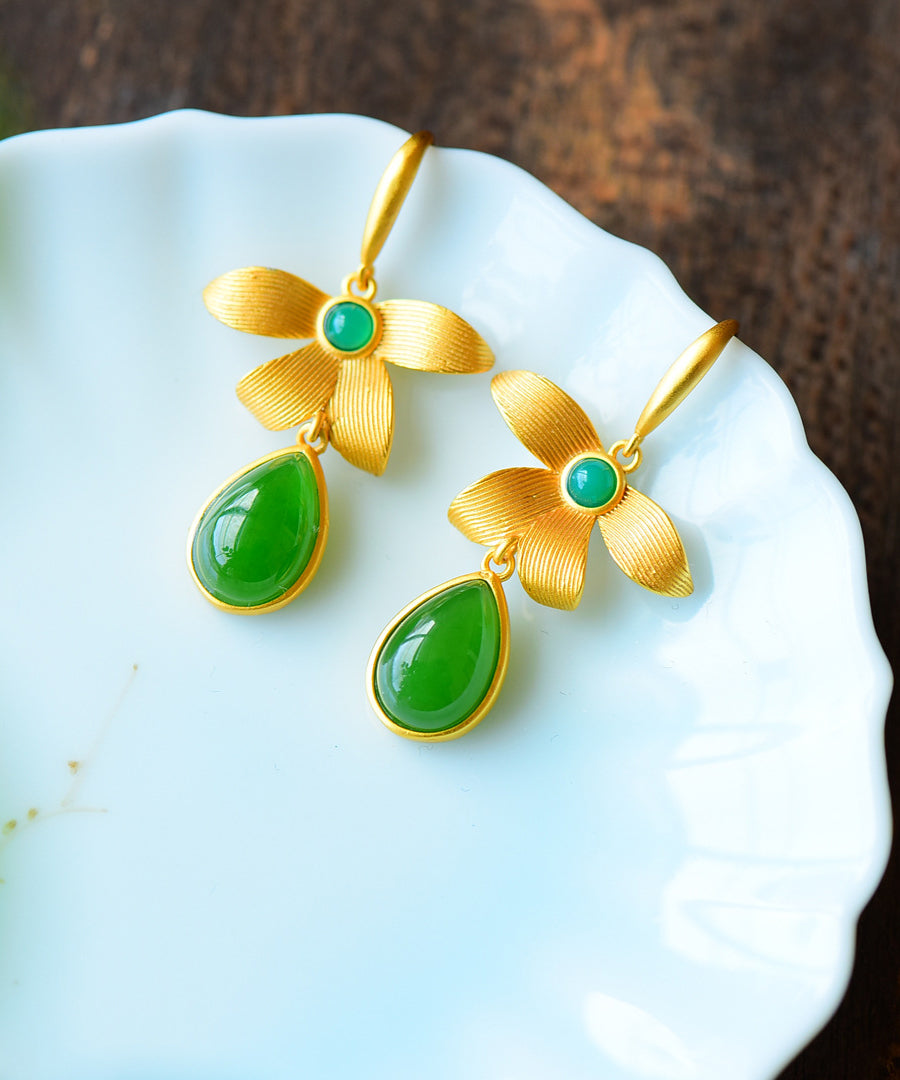 Vintage Gold Sterling Silver Overgild Inlaid Jade Drop Earrings
