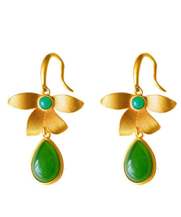Vintage Gold Sterling Silver Overgild Inlaid Jade Drop Earrings