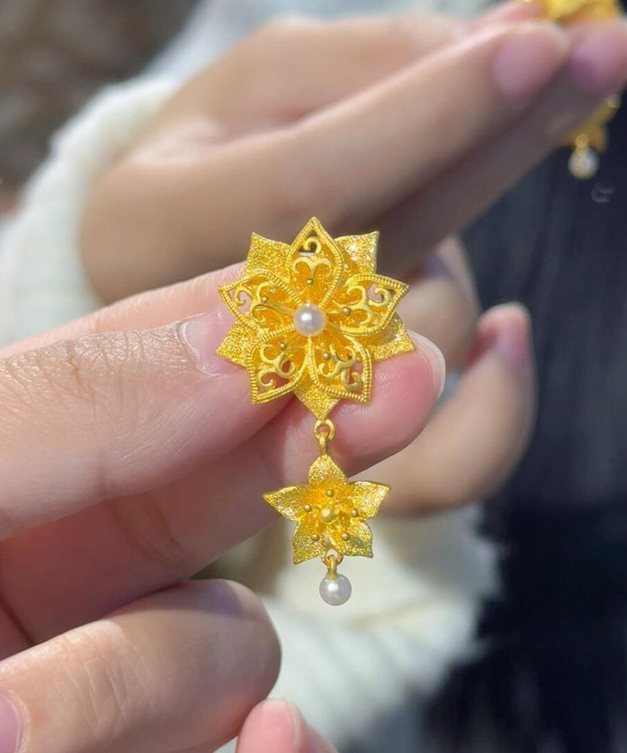 Vintage Gold Sterling Silver Overgild Pearl Floral Drop Earrings - Omychic