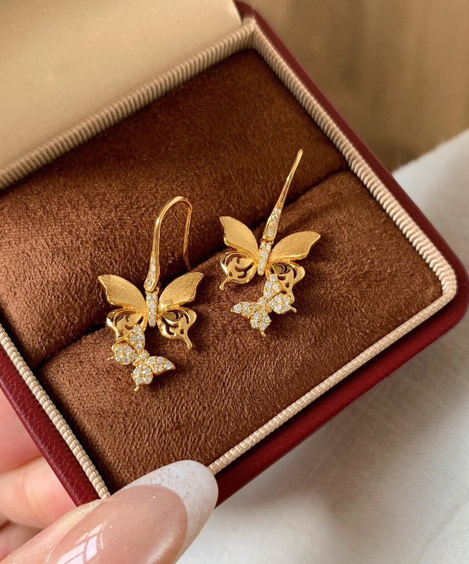 Vintage Gold Sterling Silver Overgild Zircon Butterfly Drop Earrings