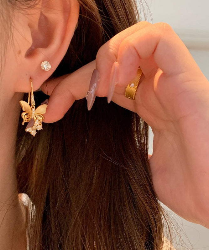 Vintage Gold Sterling Silver Overgild Zircon Butterfly Drop Earrings