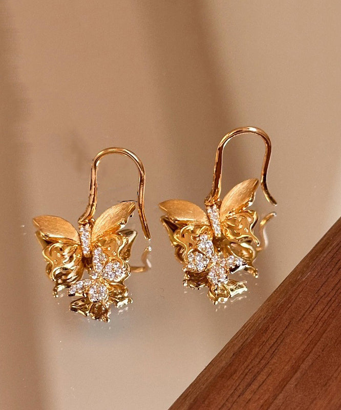 Vintage Gold Sterling Silver Overgild Zircon Butterfly Drop Earrings