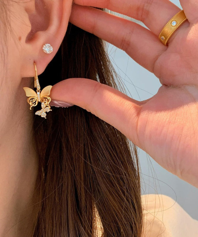 Vintage Gold Sterling Silver Overgild Zircon Butterfly Drop Earrings