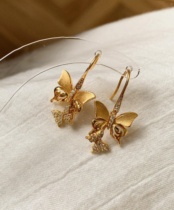 Vintage Gold Sterling Silver Overgild Zircon Butterfly Drop Earrings