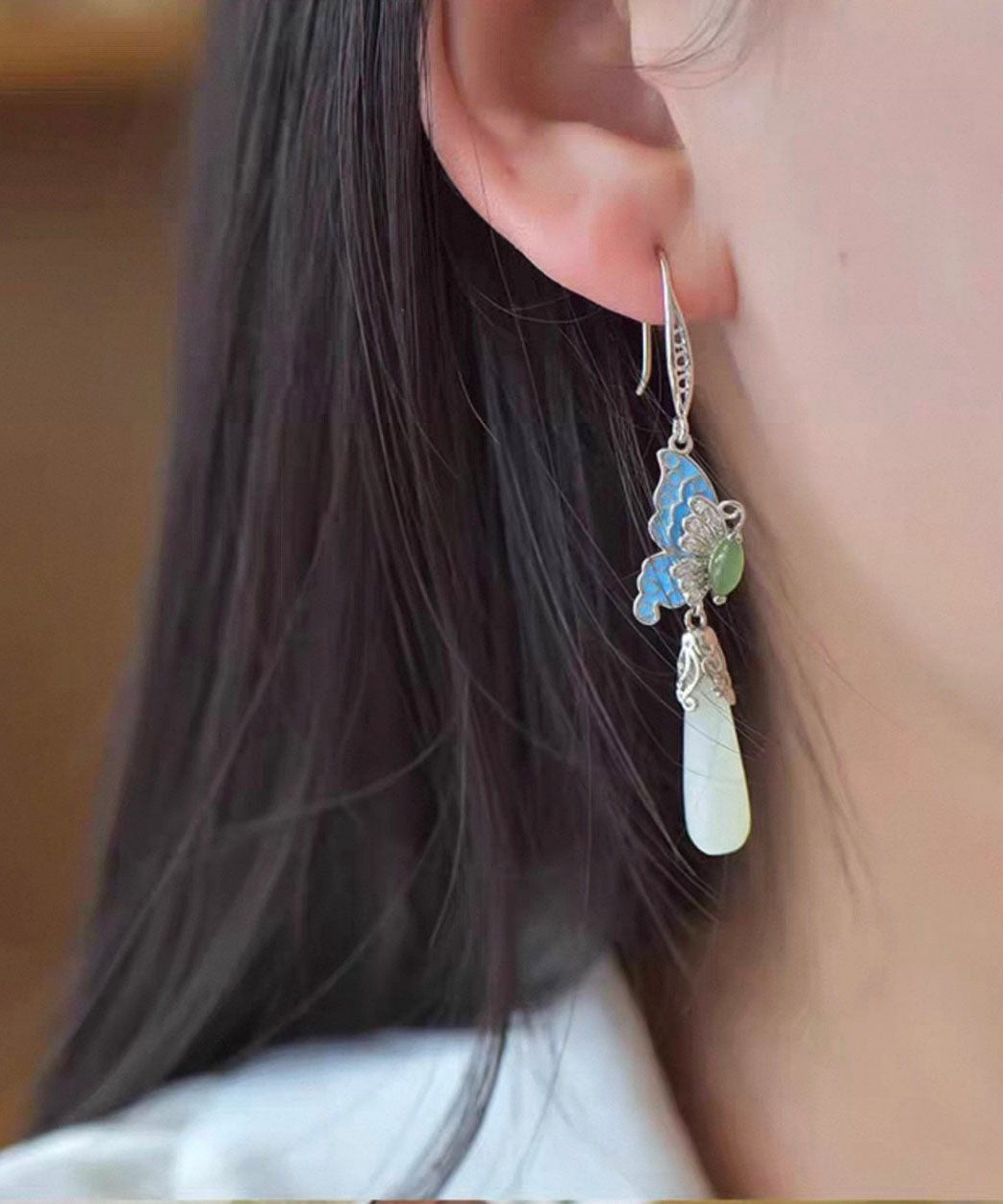 Vintage Gold Sterling Silver Overgild Zircon Jade Butterfly Drop Earrings