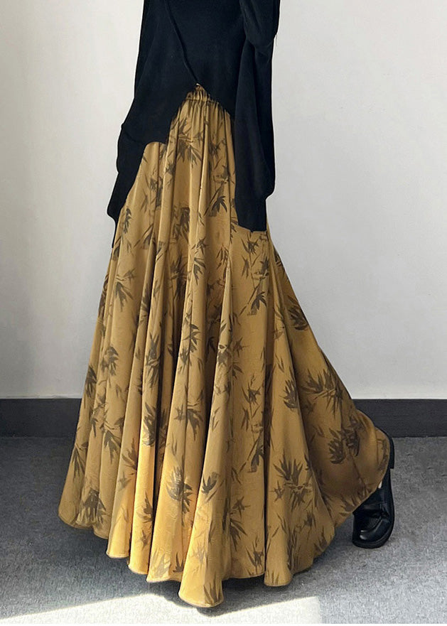 Vintage Golden Bamboo Print Exra Large Hem Silk Skirt Spring