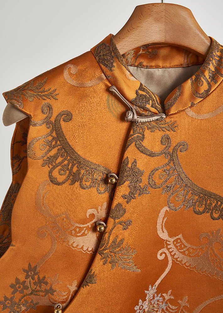 Vintage Golden Jacquard Chinese Button Silk Vests Fall