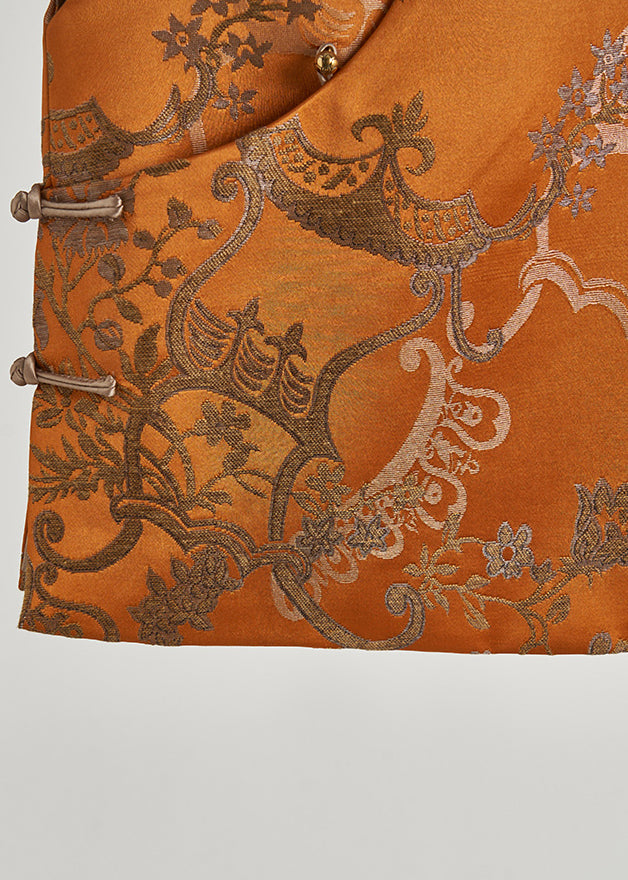 Vintage Golden Jacquard Chinese Button Silk Vests Fall