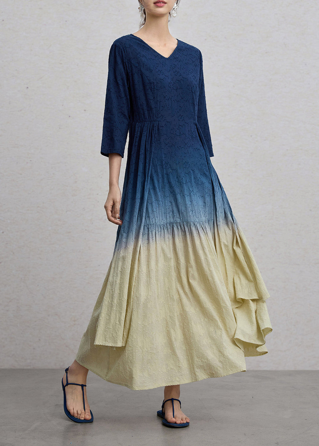 Vintage Gradient Blue Green Jacquard V Neck Cotton Long Dress Spring