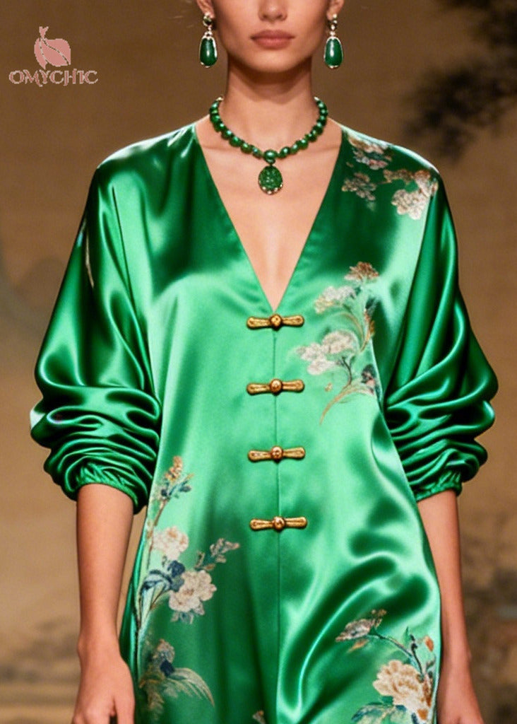 Vintage Grass Green Print Chinese Button Draping Silk Dress Long Sleeve