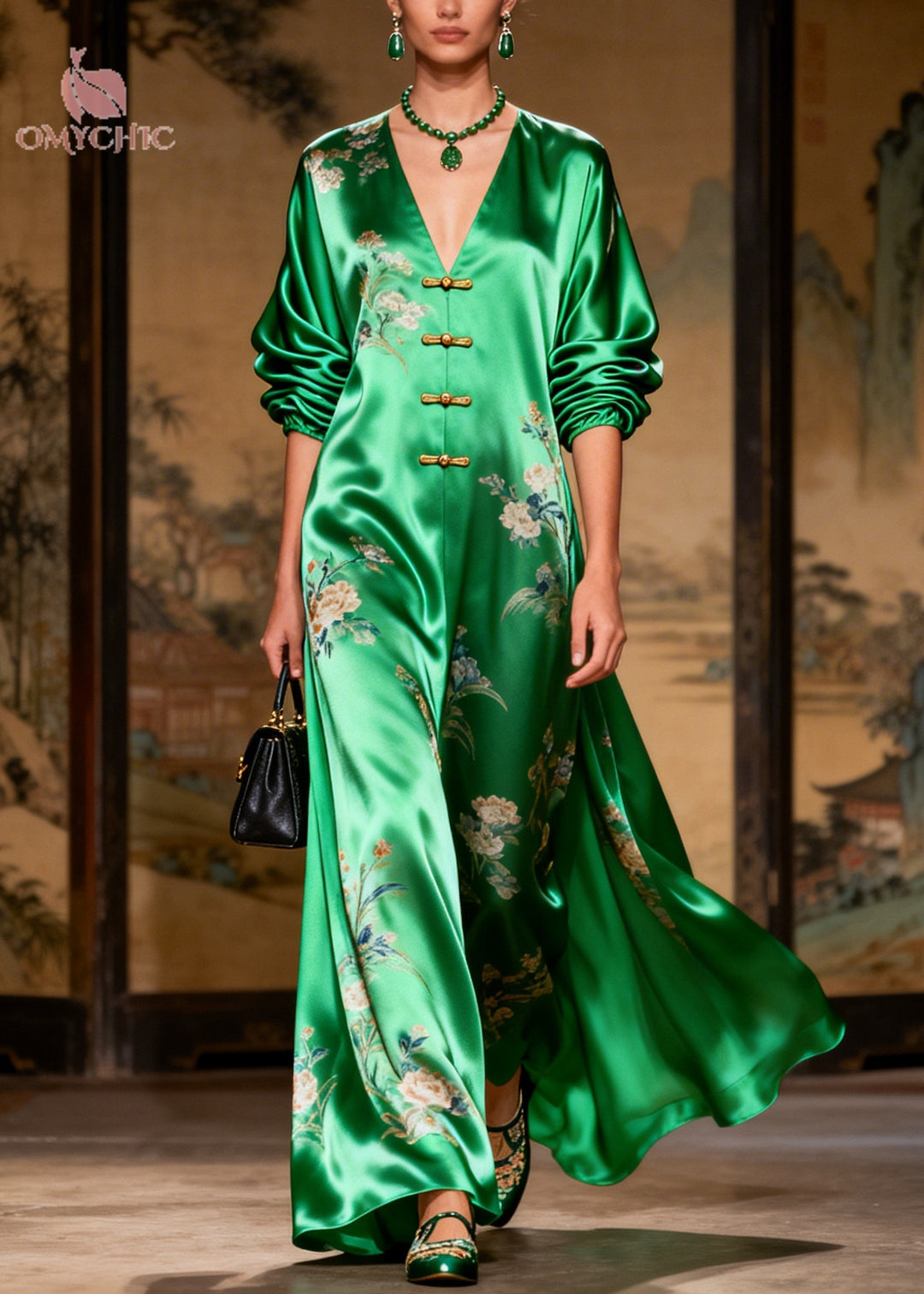 Vintage Grass Green Print Chinese Button Draping Silk Dress Long Sleeve