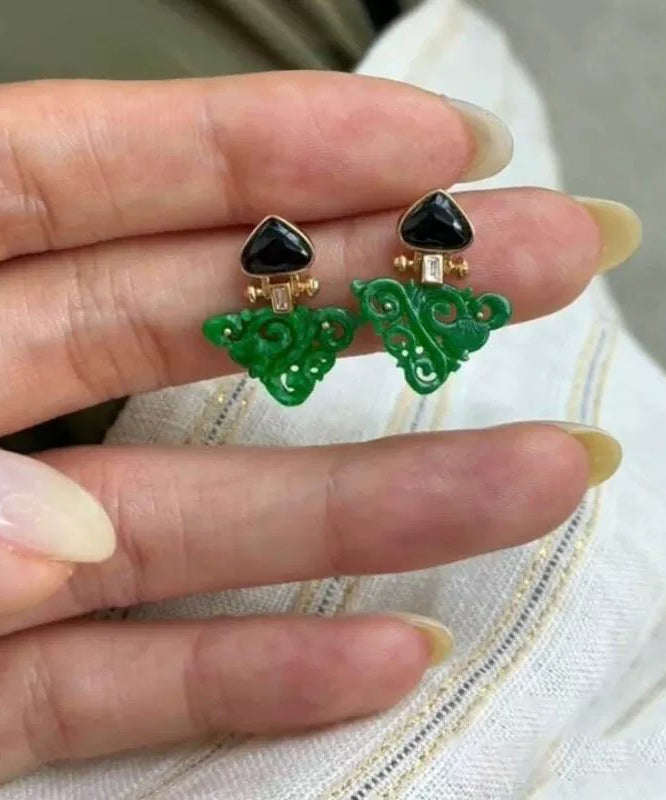 Vintage Green Alloy Jade Hollow Out Auspicious Clouds Drop Earrings