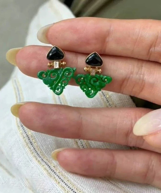 Vintage Green Alloy Jade Hollow Out Auspicious Clouds Drop Earrings