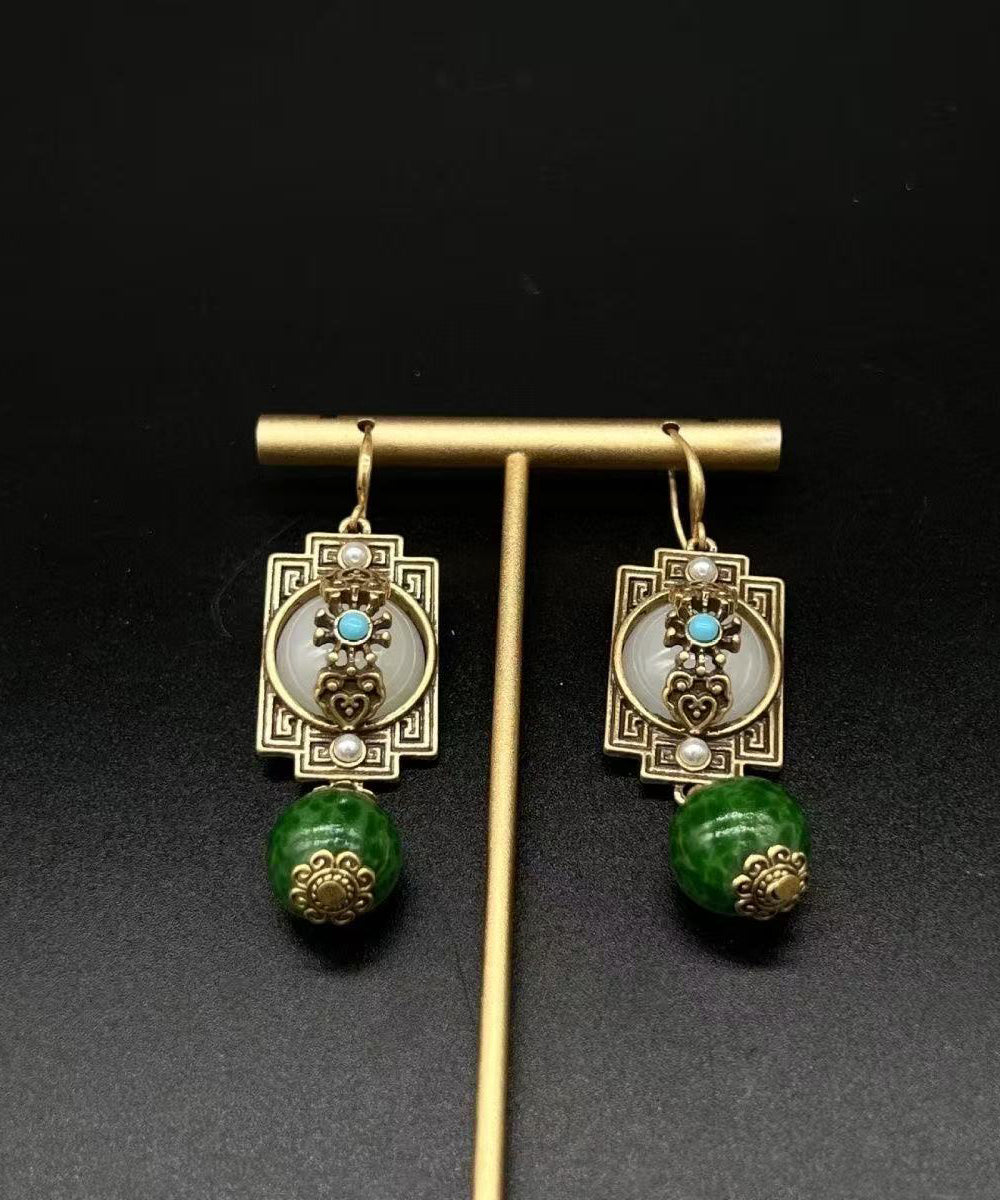 Vintage Green Ancient Gold Turquoise Safety Lock Pearl Drop Earrings