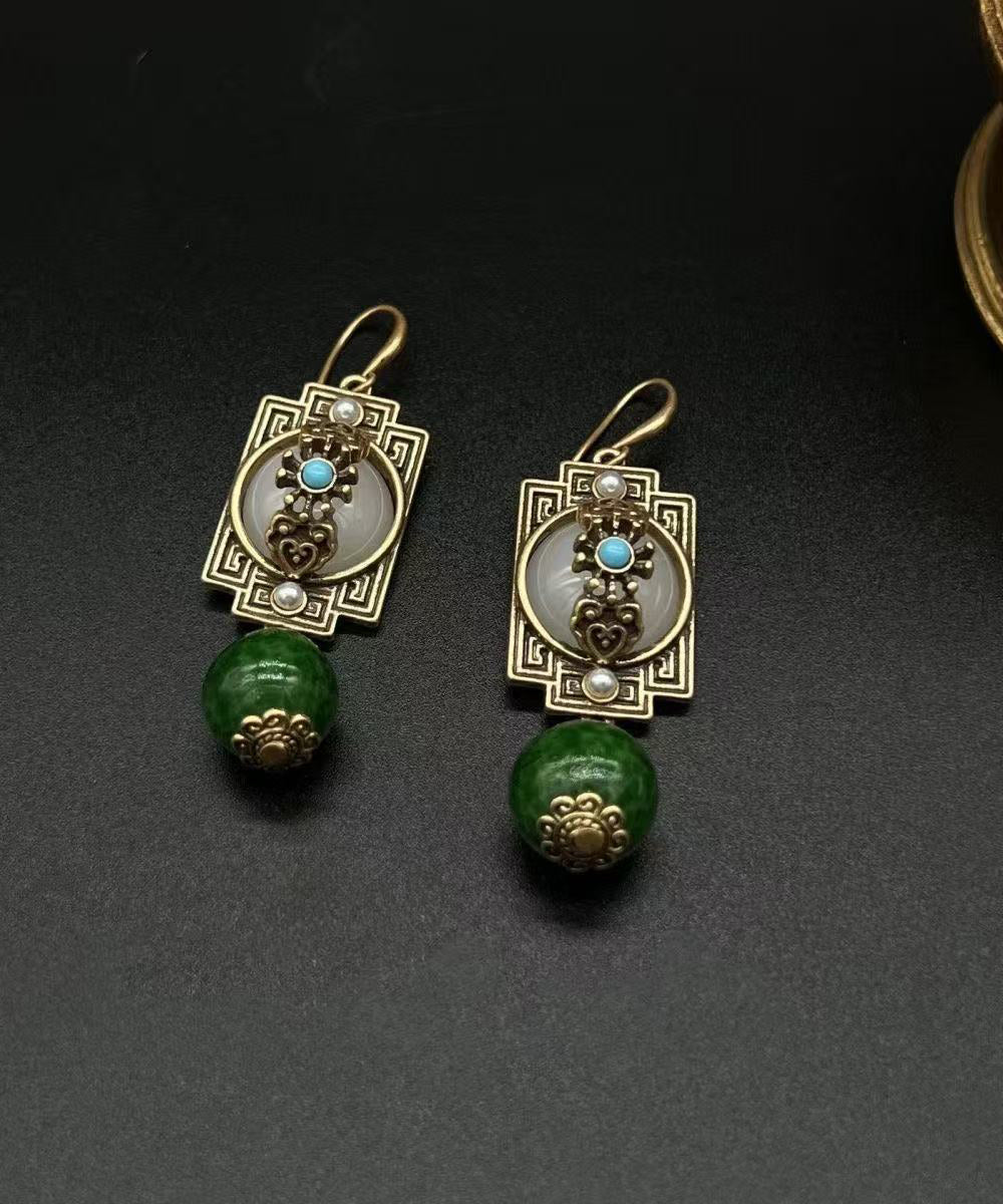 Vintage Green Ancient Gold Turquoise Safety Lock Pearl Drop Earrings