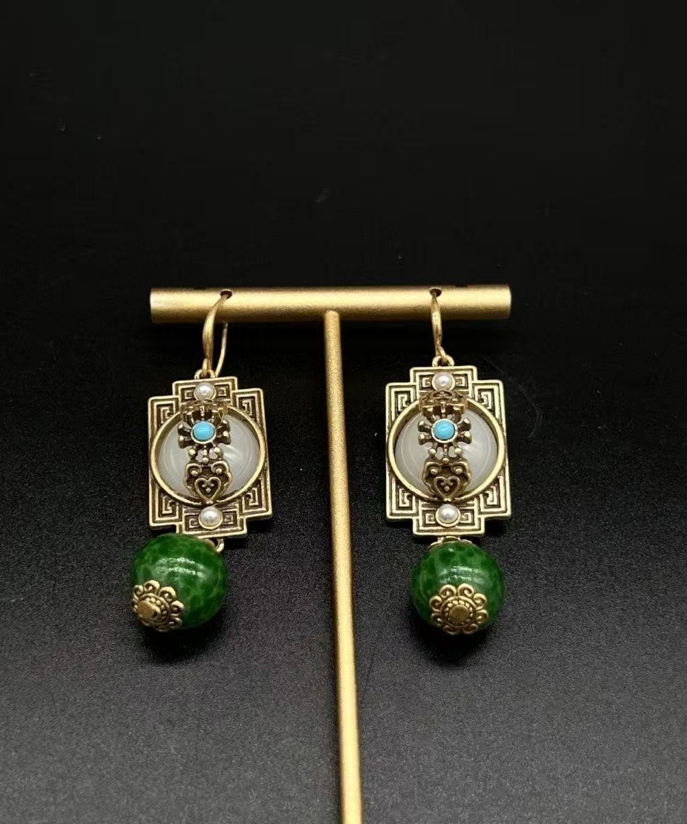 Vintage Green Ancient Gold Turquoise Safety Lock Pearl Drop Earrings