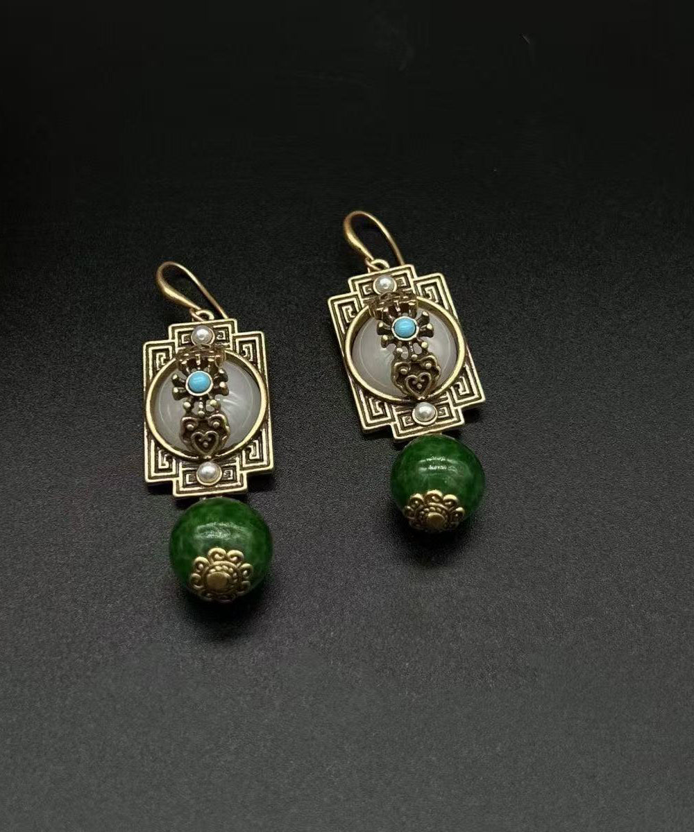 Vintage Green Ancient Gold Turquoise Safety Lock Pearl Drop Earrings