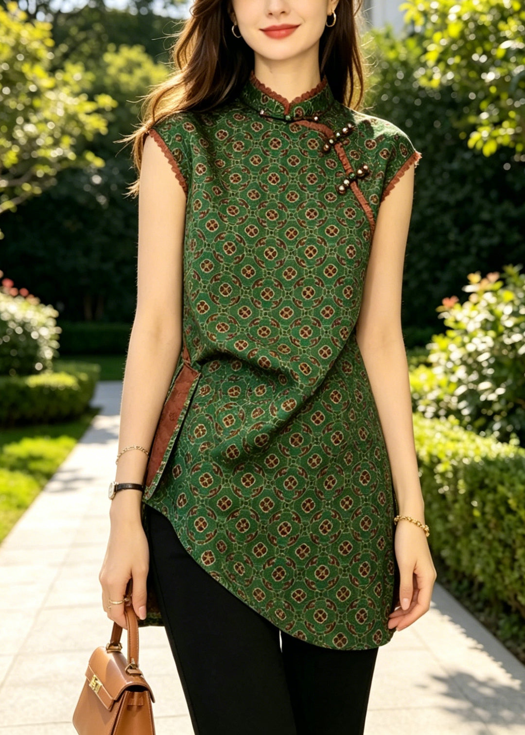 Vintage Green Asymmetrical Print Silk Oriental Vest Tops Sleeveless