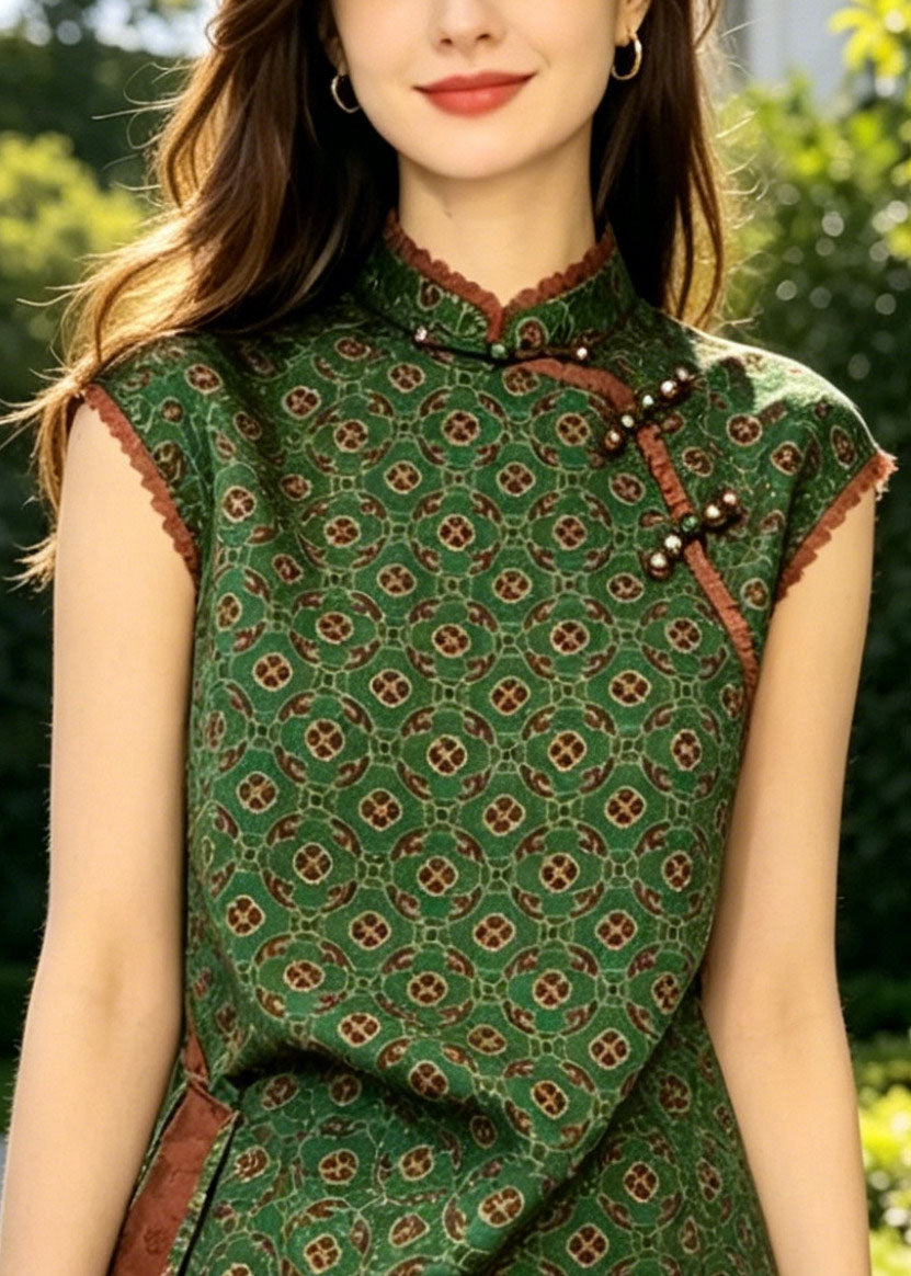 Vintage Green Asymmetrical Print Silk Oriental Vest Tops Sleeveless