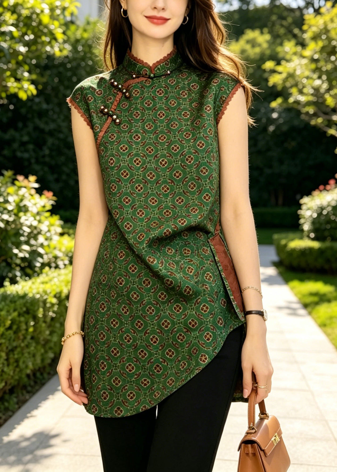 Vintage Green Asymmetrical Print Silk Oriental Vest Tops Sleeveless