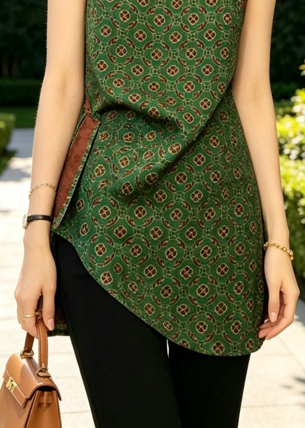 Vintage Green Asymmetrical Print Silk Oriental Vest Tops Sleeveless