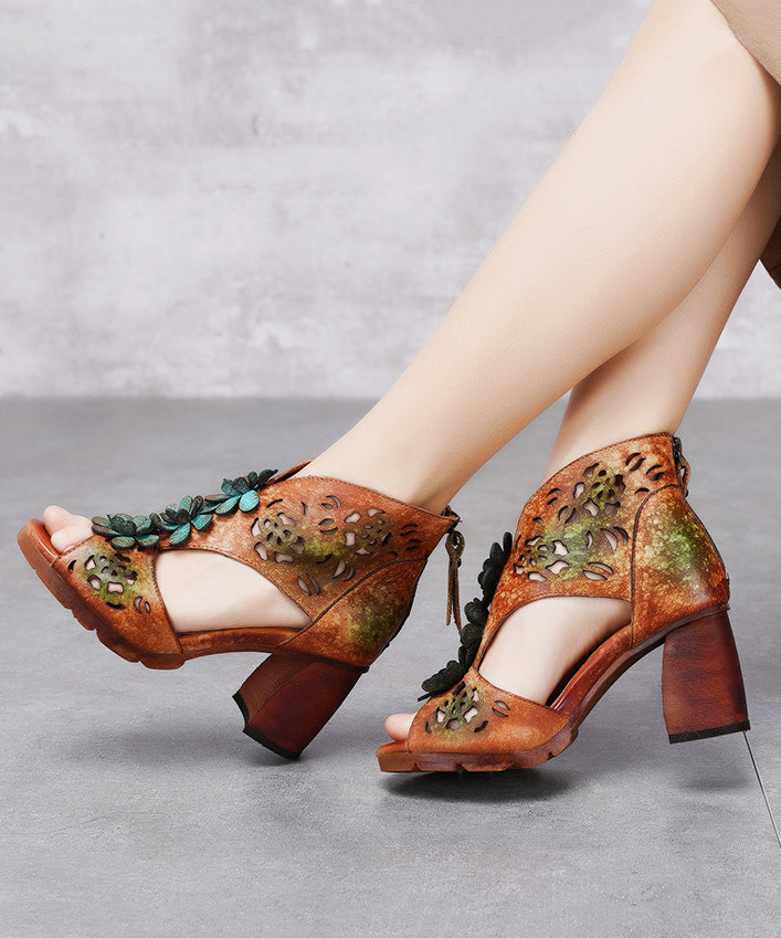 Vintage Green Chunky Cowhide Leather Peep Toe Hollow Out Sandals
