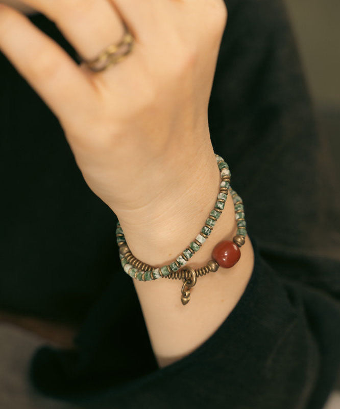 Vintage Green Copper Agate Patchwork Beading Unisex Charm Bracelet