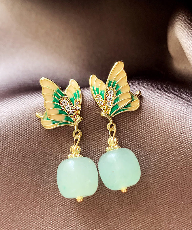 Vintage Green Copper Alloy Zircon Jade Butterfly Drop Earrings