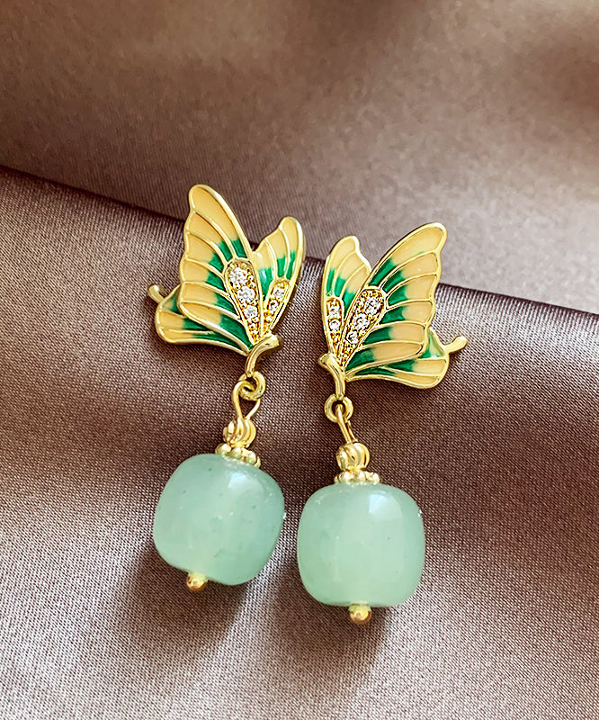 Vintage Green Copper Alloy Zircon Jade Butterfly Drop Earrings