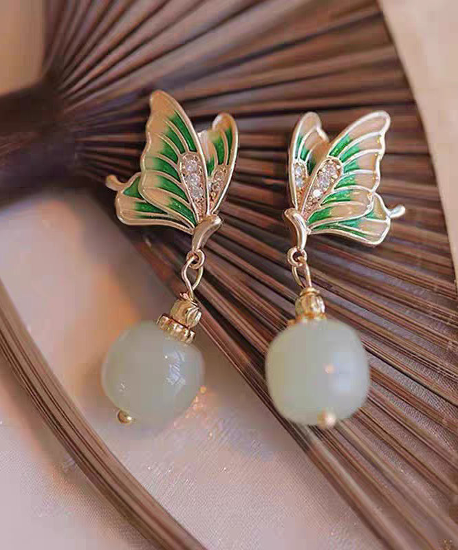 Vintage Green Copper Alloy Zircon Jade Butterfly Drop Earrings