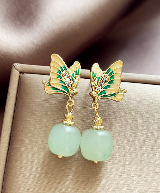 Vintage Green Copper Alloy Zircon Jade Butterfly Drop Earrings