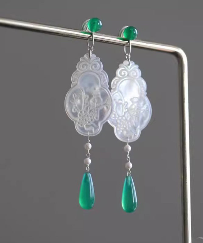 Vintage Green Copper Jade Flowers And Birds Water Droplet Drop Earrings