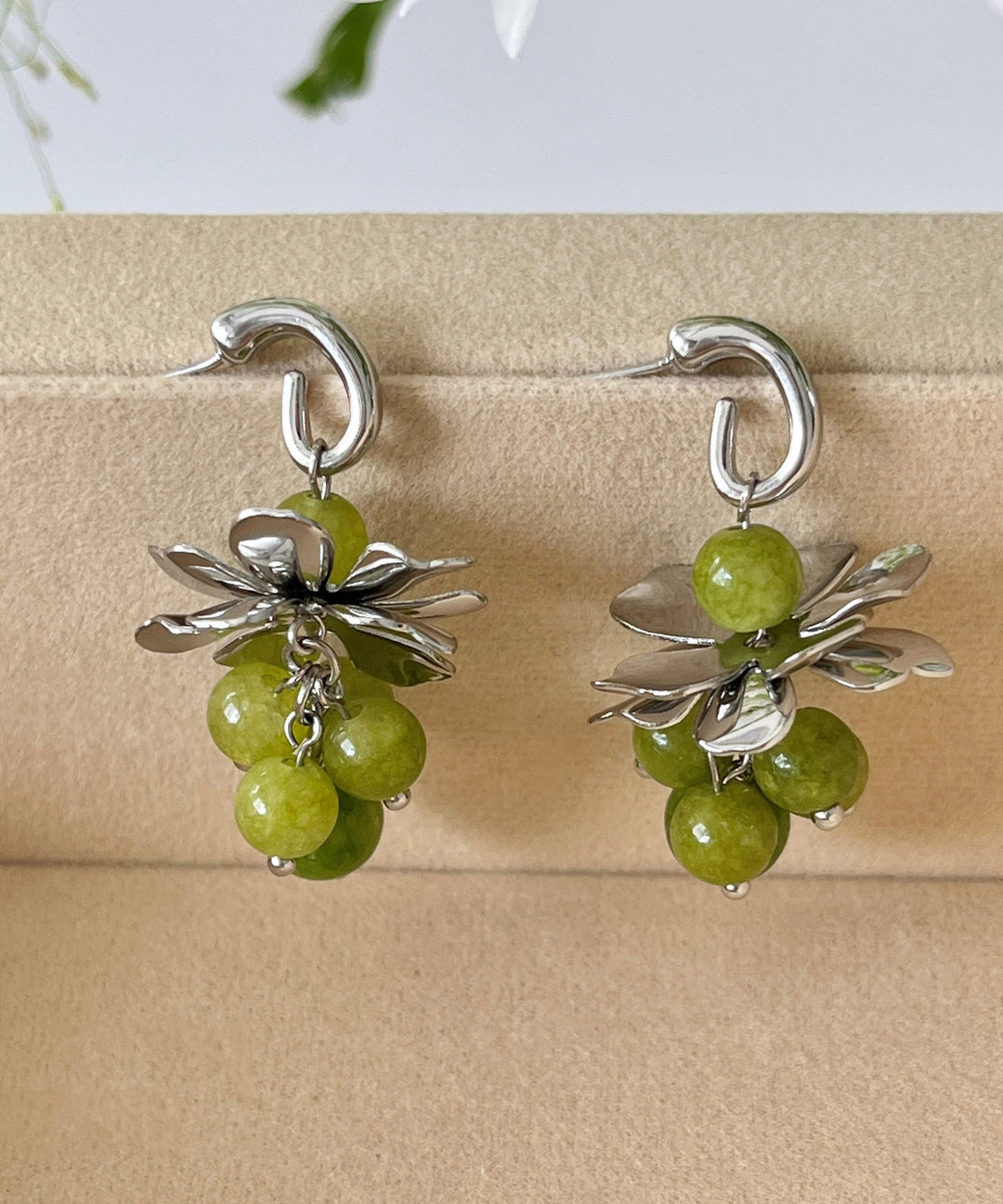 Vintage Green Copper Overgild Gem Stone Grape Drop Earrings