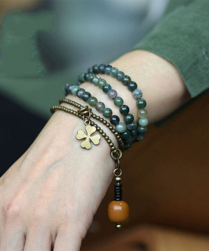 Vintage Green Copper Patchwork Layered Agate Beading Unisex Charm Bracelet